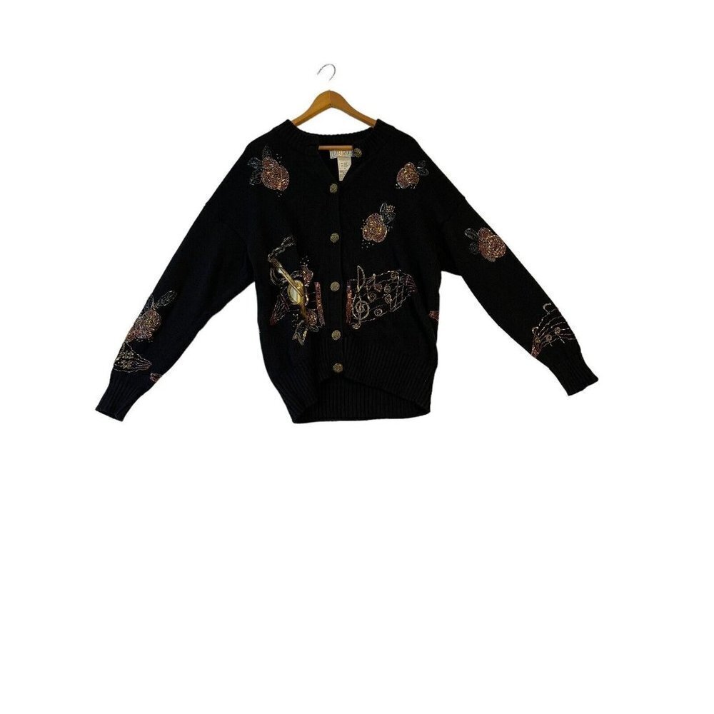 LIZI RUCH Musical Notes Violin Button Up Cardigan Sweater Womens M Black Vtg